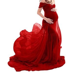 Burgundy Maternity Chiffon Mermaid Gown Off Shoulder Dropped Sleeve Fitted